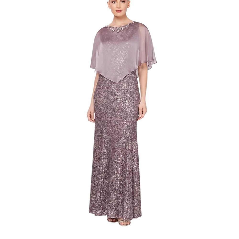 Davids Bridal IGNITE Evenings Sleeveless Sequin Lace Sheath Gown Dress Capelet 8